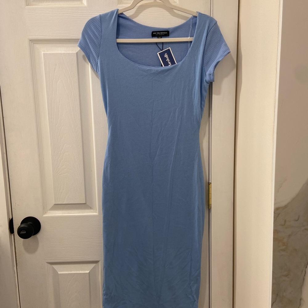 See you Monday fitted midi dress